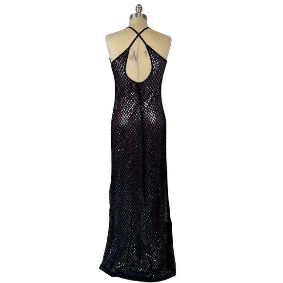 90’s Y2K Rampage Black Overlay Metallic Silver Halter Maxi Occasion Dress (Sz M) - Picture 2 of 16